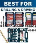 Assorted drill and driver bit sets for drilling and driving tasks with SDMS44, SBID32L, MS4091 labels and a single drill bit.