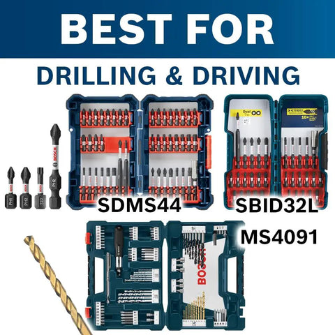 Assorted drill and driver bit sets for drilling and driving tasks with SDMS44, SBID32L, MS4091 labels and a single drill bit.