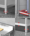 Beefy Heavy Duty 3 Tier Packing Station Workbench With Stainless Steel Top showing adjustable feet and reinforced crossbeams.