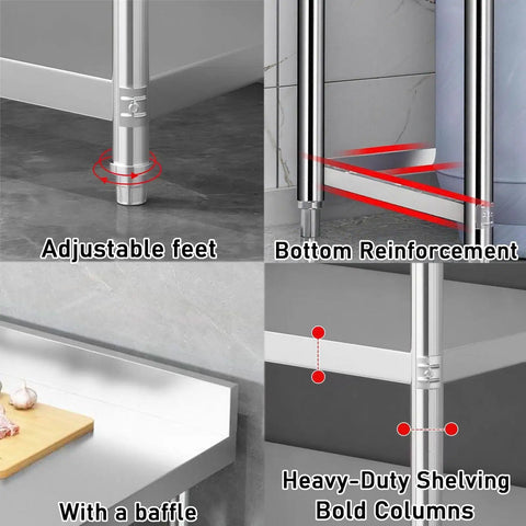 Beefy Heavy Duty 3 Tier Packing Station Workbench With Stainless Steel Top showing adjustable feet and reinforced crossbeams.