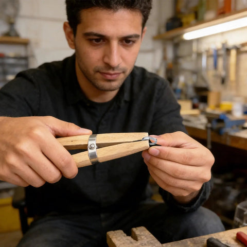 Wooden Ring Clamp With Leather Jaws And Dope Wedge Lock For Easy Ring Setting And Jewelry Making Handy Tool in use by jeweler