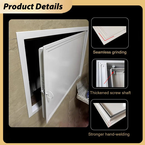 Heavy Duty Drywall Access Panel With Smooth Operating Handle Recessed Metal Wall Hole Cover For Indoor Hvac Ducts And Attic Laundry Sleek Aluminum Service Door 36 By 40 Inches No Sweat Install details showing seamless grinding and thickened screw shaft.