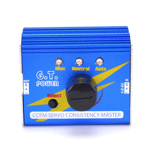Front view of 3 Channel Digital Servo Tester with Aluminum Shell for RC hobbyists, showing dial and mode indicators on blue casing.