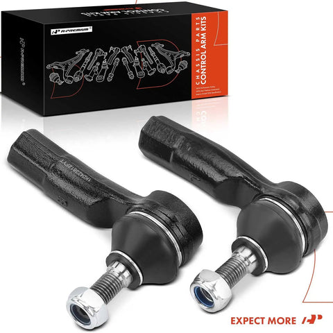 Pair Of Front Outer Tie Rod Ends For Volkswagen And Audi Vehicles Fits Jetta, Golf, Beetle, Passat, CC, Eos, GTI, R, Tiguan, A3 Quattro, Q3 Quattro Beef Up Your Ride Durable Replacement Steering Components With Easy Install displayed with packaging