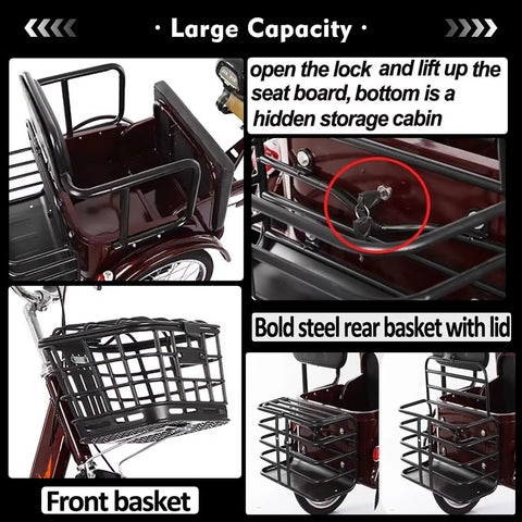 Steel rear basket and lock mechanism on Three Wheel Pedal Tricycle Cruiser For Seniors And Adults.