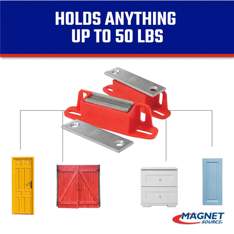 Built Like A Tank Ceramic Magnetic Latch Kit With Strike Plate Secures Cabinet Doors And Tool Boxes Pulling 50 Pounds Of Force With Quick Two Way Mounting In Bold Red Two Pack
