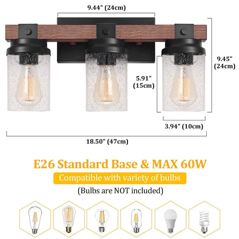 Dimensions of Industrial Rustic Farmhouse Vanity Light Fixtures Three Light Over Mirror With Pretty Glass Shades In Black Metal Wood Look