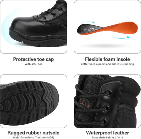 Mens Heavy Duty Steel Toe Work Boots For Construction And Industrial Safety With Puncture Resistant Midsole, flexible foam insole, rugged rubber outsole, waterproof leather, ASTM F2413-18 Certified
