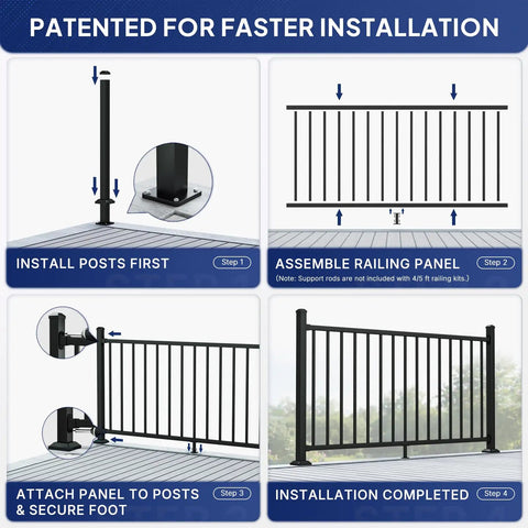 Installation steps for Top Shelf 6063 Aluminum Deck Railing Kit 36 Inch High By 4 Feet Wide Modular Porch Guard.
