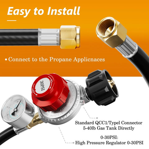 Front view of NUPICK propane regulator with 6 ft hose, gauge, and red 0–30 PSI knob