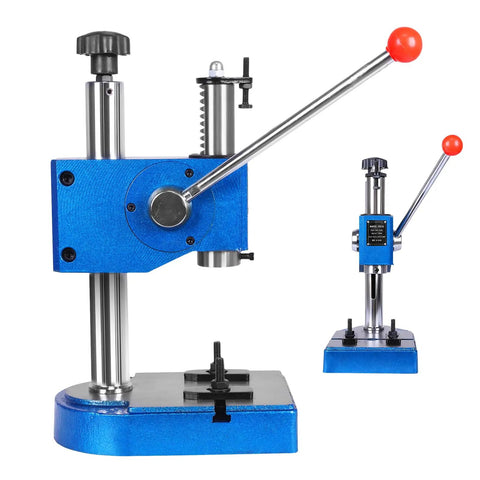 Pro Grade 0.5 Ton Manual Arbor Press With Fast Return Spring For Serious Stamping Punching Bending Forming Jobs Plus No Sweat Operation Built Tough For The Daily Garage Grind, blue tabletop design, showing lever and base.