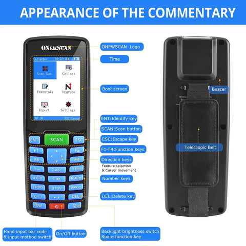 Wireless Barcode Scanner Portable Inventory Tool 1D 2D PDF417 Handheld With 2.8 Inch LCD Screen, front and back view