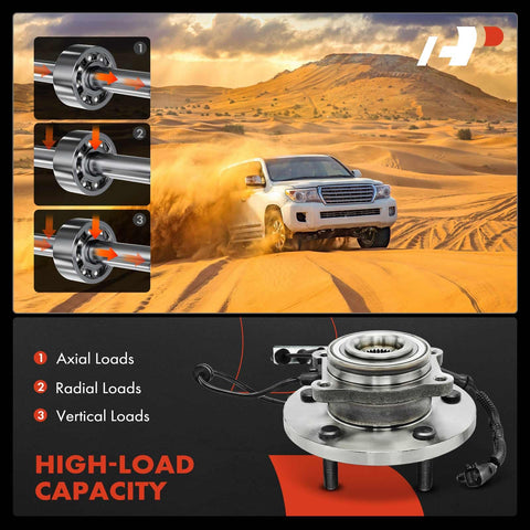 2 Pack Front Wheel Bearing Hub Assembly With ABS For Dodge Grand Caravan 2008 To 2020 Chrysler Town And Country 2008 To 2016 Volkswagen Routan 2009 To 2014 And Ram CV 2012 To 2015 FWD Ready To Drop In, shown with vehicle in desert and hub close-up with high-load capacity graphics