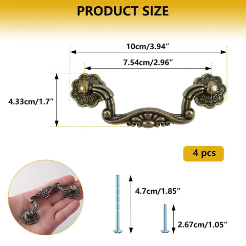 Vintage Brass Drop Bail Pulls Six Pack for Cabinets and Dressers with detailed measurements and mounting screws.
