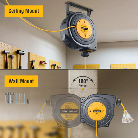 50 Ft Retractable Extension Cord Reel With 14 Gauge SJTOW Cable 13 Amp Breaker ETL Listed Lighted Triple Tap for ceiling or wall mount