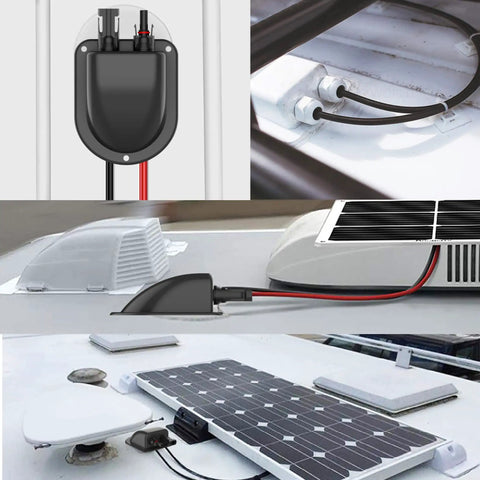 Weatherproof Solar Entry Gland And RV Roof Junction Box ABS Housing With 10 Ft 10 AWG Solar Extension Cable And Waterproof Connector Ready To Roll For Campers Boats And Vans shown on RV roof with solar panel