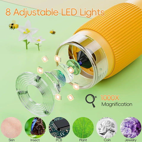 Totally Rad Kid Friendly Portable Digital Microscope With 2 Inch IPS Display And 1000X Magnification Handheld USB Microscope For PC Compatible A Cool Science Gift For Kids Students, yellow body, 8 LED lights