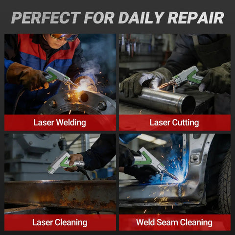 Heavy Duty 1500W Double Wobble Laser Welder Cutting And Cleaning Rig With Auto Wire Feeder For Tough Metal Jobs and Laser Welding in use.