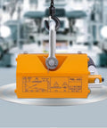 Heavy Duty Permanent Magnetic Lifter Bulletproof Grip For Hoists And Shop Cranes Snappy Flip Lever in orange with hook.
