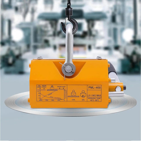 Heavy Duty Permanent Magnetic Lifter Bulletproof Grip For Hoists And Shop Cranes Snappy Flip Lever in orange with hook.