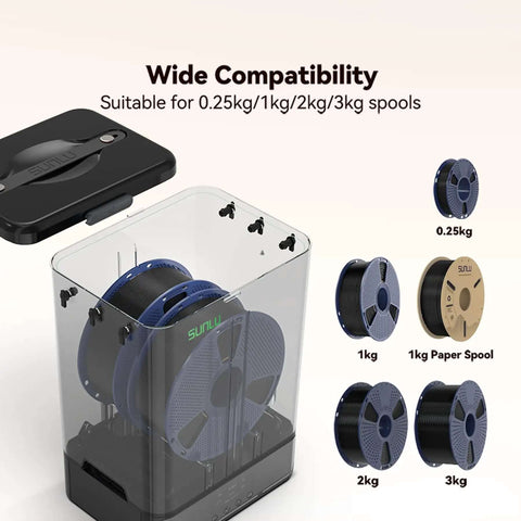 SP2 Filament Box Dryer With Rapid Heating To 70C, showing various spool sizes from 0.25 to 3 kg, stackable chamber design, black.