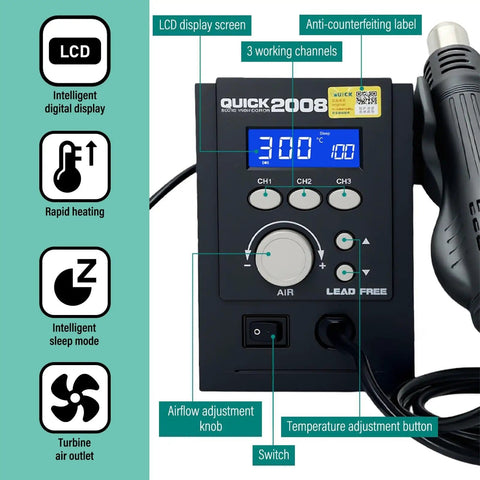 Pro Grade 700W Hot Rework Station With Four Nozzle Heat Gun Auto Sleep Function display and controls