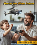 Father and son playing with Dope Apache Style RC Helicopter For Kids And Adults, 2.4GHz Remote indoors, showing military design.