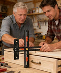Two men using T Shaped Cabinet Pull Jig For Hit The Mark Drill Alignment And No Sweat Handle Installation in a workshop.
