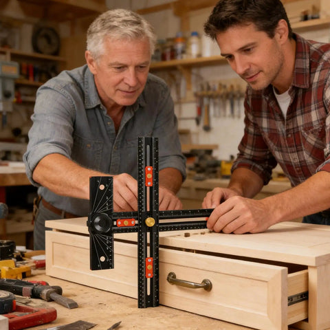 Two men using T Shaped Cabinet Pull Jig For Hit The Mark Drill Alignment And No Sweat Handle Installation in a workshop.