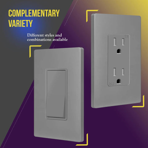 Screwless Decorator Wall Plate 1-Gang Gray Glossy Outlet Cover, dual style, complements outlets and switches