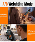 Handy Decibel Meter For Home, Office And Factory, Digital Sound Level Meter With AC Weighting, Reads 30 To 130 dB, Fast And Slow Response, Max And Min Readouts, LCD Screen, Neighbors Noise Checker, Vitality Orange showing A/C weighting use