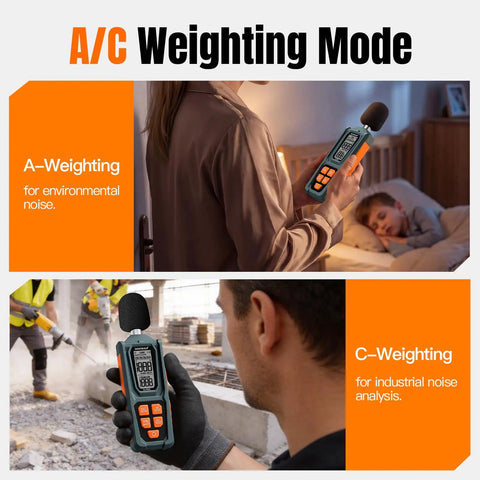Handy Decibel Meter For Home, Office And Factory, Digital Sound Level Meter With AC Weighting, Reads 30 To 130 dB, Fast And Slow Response, Max And Min Readouts, LCD Screen, Neighbors Noise Checker, Vitality Orange showing A/C weighting use