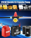 12V Diesel Transfer Pump Kit 11.9 GPM Electric Fuel Pump with nozzle, battery, and oil containers shown in use.