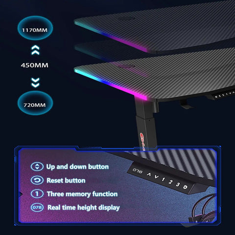 Adjustable Height Standing Desk With Carbon Fiber Top And Hella Fast Electric Lift Offers Chill Work Mode showing height adjustment and controls.