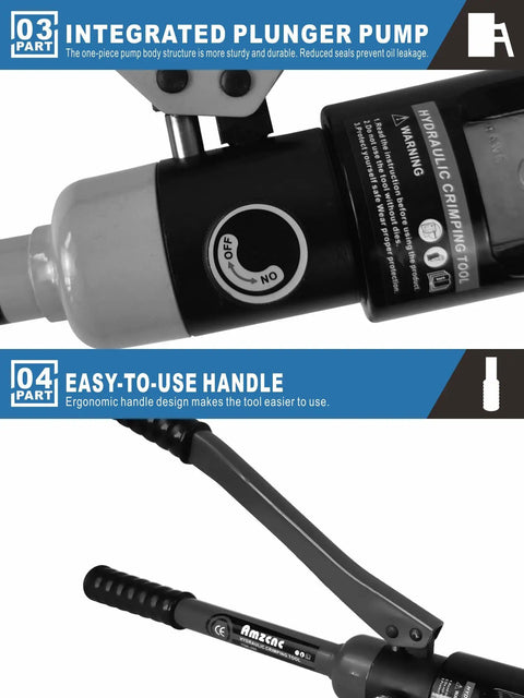 Close-up of a single hydraulic pump and handle from the 16 Ton Hydraulic Wire Crimping Tool Set for Battery Cables with 13 Dies.