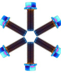 Slick Grade A Titanium Flange Hex Bolts M8 X 20Mm Six Pack Burnt Blue Anodized Finish arranged in a star pattern.