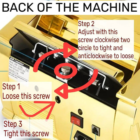 Back of Gold Money Counter With UV MG IR Counterfeit Detection showing adjustment screws and instructions.
