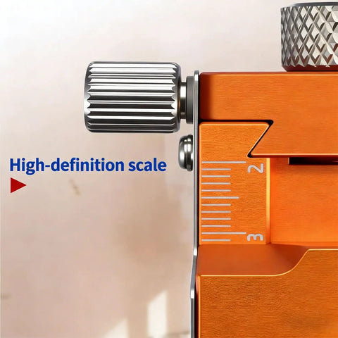Heavy Duty Double Hole Drill Positioner Kit Featuring Adjustable Woodworking Guide Jig showing high-definition scale for precise measurements.