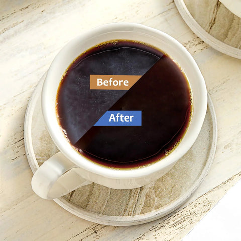 White ceramic coffee mug on a saucer, top-down view of dark coffee with a diagonal Before/After overlay.