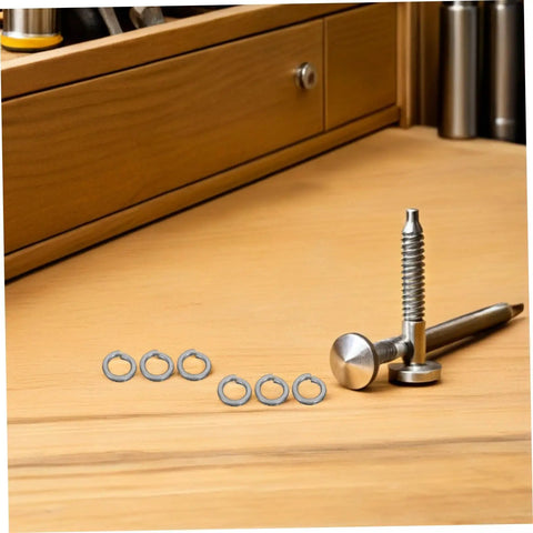 100 Count Stainless Steel Split Lock Washers M10 Spring Deck Fasteners With Beefy Nonslip Kickback Grip on wooden workbench.