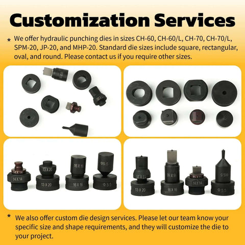 Customization services for hydraulic punching dies, showcasing various die sizes and shapes like square and rectangular for CH-series presses.