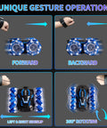 YEMIAI blue 4WD gesture RC stunt car with rotating wheels; shows forward, backward, side-slip, 360 rotation.