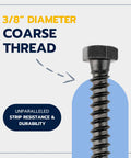 Built Tough Three Eighth By One And A Half Inch Lag Bolt Kit With Washers Includes Fifty Black Ceramic Coated Fasteners For Exterior Deck Jobs And Treated Lumber Delivers Rock Solid Grip With Zero Sweat, 3/8 inch diameter coarse thread lag bolt shown.
