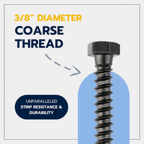 Built Tough Three Eighth By One And A Half Inch Lag Bolt Kit With Washers Includes Fifty Black Ceramic Coated Fasteners For Exterior Deck Jobs And Treated Lumber Delivers Rock Solid Grip With Zero Sweat, 3/8 inch diameter coarse thread lag bolt shown.