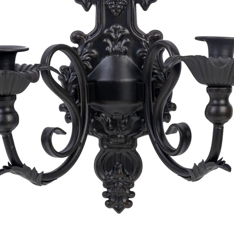 Premium Black And Gold Metal Candle Sconces Set Of Two, Gothic Wall Decor For Living Room, intricate black iron design with ornate details.