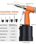 Heavy Duty Pneumatic Rivet Gun Kit With 500 Pop Rivets And Five Swappable Nosepieces Hella Strong side view showing size and connection valves.