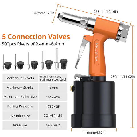 Heavy Duty Pneumatic Rivet Gun Kit With 500 Pop Rivets And Five Swappable Nosepieces Hella Strong side view showing size and connection valves.