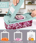 Ourokhome 12-in-1 blue kitchen vegetable chopper with 8 blades, onion slicer and strainer basket