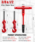 Product specifications of ratchet chain binders showing measurements and details for Ratchet Chain Binders For Three Eighths And One Half Inch Chain, 9,400 Lb WLL, Adjustable Length For Secure Transport And Towing, Heavy Duty 4 Pack Ready To Roll.