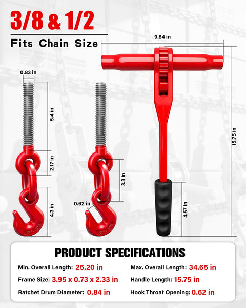 Product specifications of ratchet chain binders showing measurements and details for Ratchet Chain Binders For Three Eighths And One Half Inch Chain, 9,400 Lb WLL, Adjustable Length For Secure Transport And Towing, Heavy Duty 4 Pack Ready To Roll.